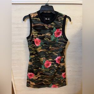 Eric + Lani camouflage and rose mesh tank dress